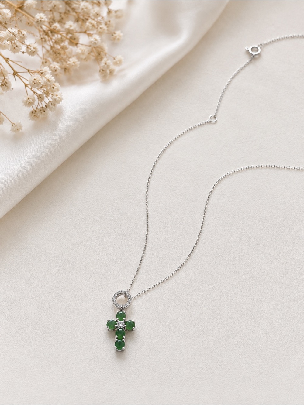 Sterling Silver Green Jadeite Cross Pendant Necklace